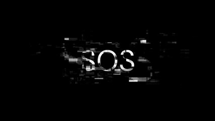 3D rendering SOS text with screen effects of technological glitches