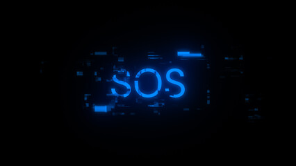 3D rendering SOS text with screen effects of technological glitches