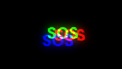 3D rendering SOS text with screen effects of technological glitches
