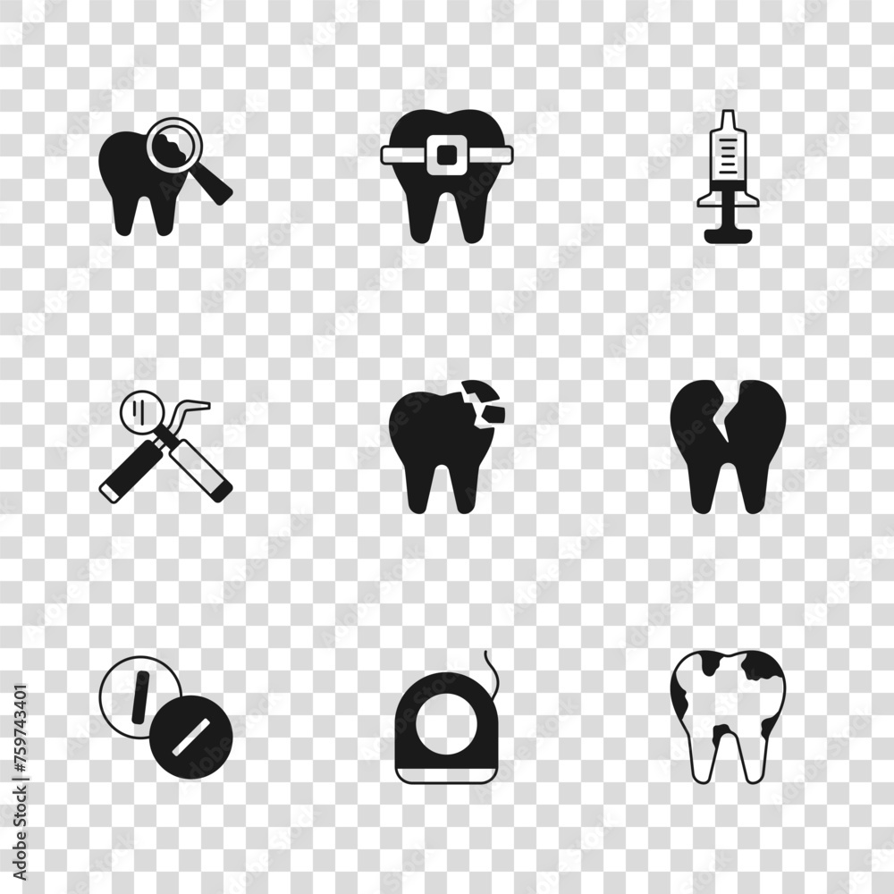 Canvas Prints Set Dental floss, Broken tooth, Syringe, Teeth with braces and mirror and probe icon. Vector