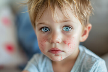 Child with a red allergic rash on his face. Boy with chickenpox, monkeypox on his cheeks. Little kid with severe form of varicella virus. Dermatological diseases
