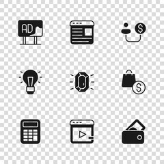 Set Video advertising, shopping bag and dollar, Wallet with money, Diamond, Human, Advertising, and Light bulb icon. Vector