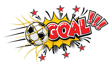 Goal football soccer comic icon. Ball and explosion text speech bubble. Vector sticker template on transparent background