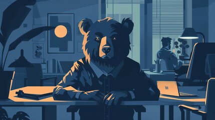 A person with the head of a bear managing a team in an office setting. dark fantasy flat design