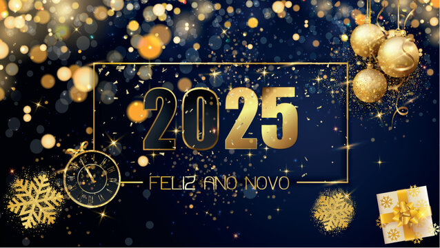 cartão ou banner para desejar um Feliz Ano Novo 2025 em ouro sobre fundo azul com glitter e círculos em efeito bokeh, um relógio, presentes, flocos de neve e bola de Natal dourada