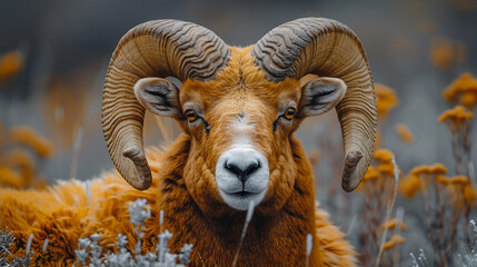 wildlife photography, authentic photo of a ram in natural habitat, taken with telephoto lenses, for relaxing animal wallpaper and more - obrazy, fototapety, plakaty