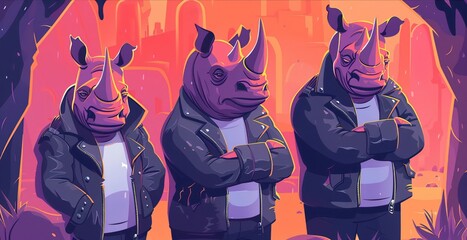 Rhinos in leather jackets stand guard outside a secret underground meeting. cartoon minimal cute flat design - obrazy, fototapety, plakaty