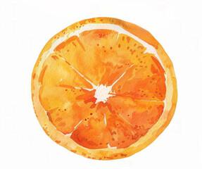 Watercolor illustration of a vibrant orange slice on a clean white background, ideal for culinary themes, vitamin C promotion, or summer concept with copy space
