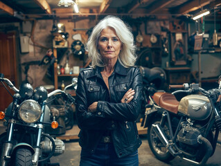Suggestive portrait of a beautiful old white-haired mechanic woman standing in his vintage authentic bike shop among motorcycles. - obrazy, fototapety, plakaty