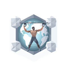 Man lifting world icon inside grey badge with geome