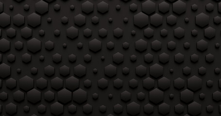 Black abstract geometric background of hexagons of different sizes. 3d render
