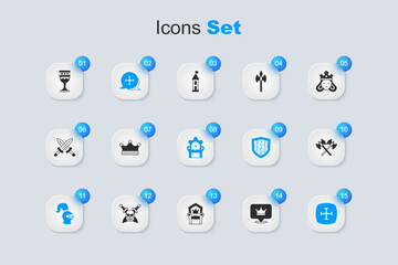 Set King crown, Crusade, Medieval helmet, Crossed medieval axes, goblet and throne icon. Vector