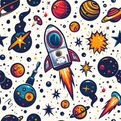 Galactic Astronaut rocket adventures. cute cartoon Seamless Patterns, generative ai  art