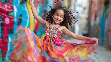A young girl dancing on a city street, her vibrant dress swirling, her laughter infectious, with bright graffiti art adding urban edginess