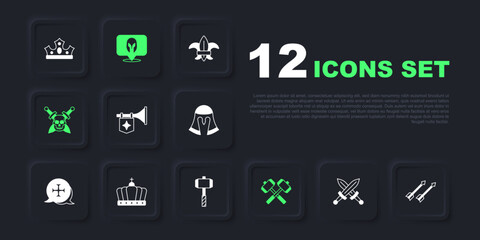 Set Crossed medieval sword, Medieval arrows, Trumpet with flag, battle hammers, Skull, King crown, helmet and Battle icon. Vector