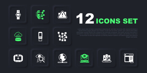 Set Internet piracy, Browser window, USB flash drive, Computer vision, Network cloud connection, Eye scan, Humanoid robot and Global technology icon. Vector