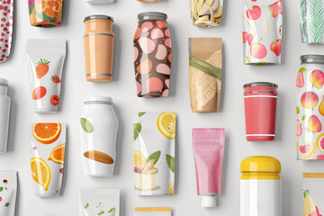 Flat lay of diverse drink packaging with colorful patterns, isolated on white
