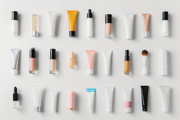 Obraz premium Top view of various beauty products neatly arranged on a white background