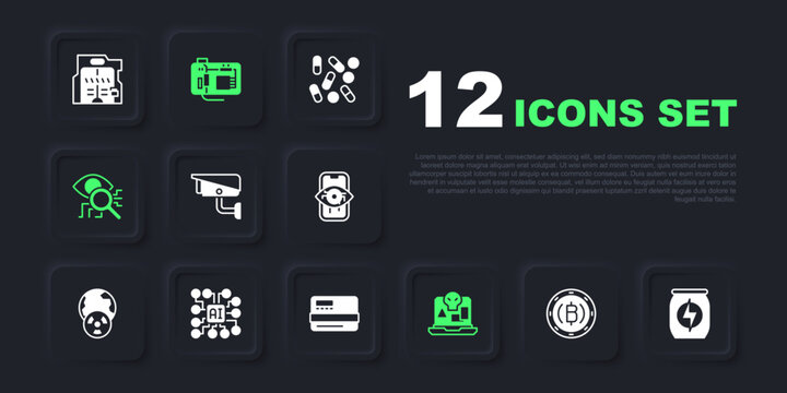 Set Cryptocurrency coin Bitcoin, Energy drink, Security camera, Internet piracy, Eye scan, Neural network, Motherboard and Credit card icon. Vector