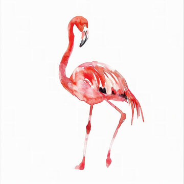 Hand-painted watercolor flamingo on a white background with ample space for text, ideal for tropical themes or wildlife concepts