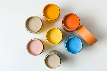 Top view of open paint cans with various colors on a pristine white surface