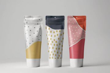 Three elegant skincare packaging tubes with modern pattern designs, staged on a simple backdrop