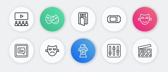 Set line Science fiction, Comedy theatrical mask, Video with subtitles, Sound mixer controller, Cinema ticket, Fire exit, Movie clapper and Drama icon. Vector