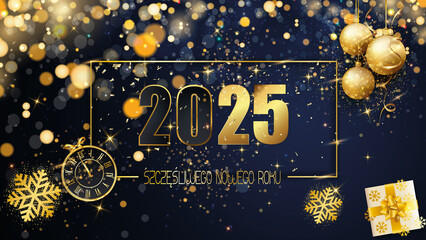 karta lub baner z życzeniami Szczęśliwego Nowego Roku 2025 w złocie na niebieskim tle z brokatem i kółkami z efektem bokeh, zegarem, prezentami, płatkami śniegu i złotą bombką świąteczną
