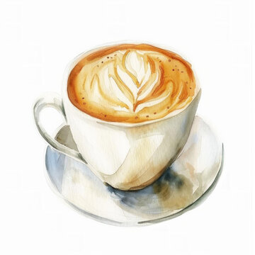 Watercolor illustration of a latte with artful foam design in a white cup on a saucer, perfect for cafe menus and coffee-related marketing, with space for text