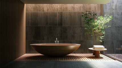 Tranquil Zen Bathroom Featuring Bamboo Plant and Wooden Stool