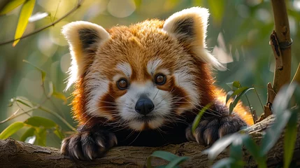 Deurstickers wildlife photography, authentic photo of a red panda in natural habitat, taken with telephoto lenses, for relaxing animal wallpaper and more © elementalicious