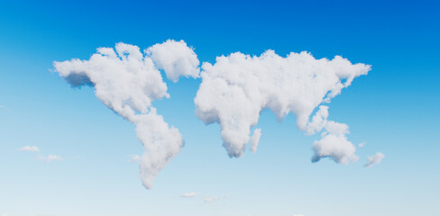 Image of a fluffy cloud in the shape of the world's continents floating peacefully in a blue sky. 3d rendering.