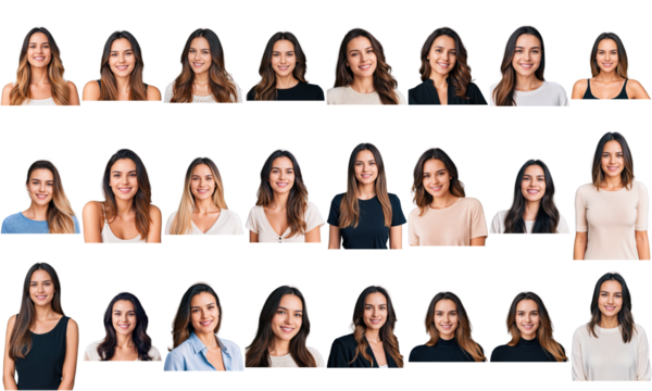 Set of headshots of different caucasian women smiling. Collage of 24 CLoseup photos of girls with transparent background. 