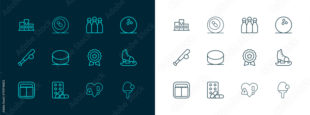 Canvas Prints Set line Bowling ball, Sports doping with dumbbell, Medal star, Heart rate, Hockey puck, Award over sports winner podium and Billiard pool snooker icon. Vector