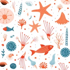 Printed roller blinds Sea life Marine Life hand drawn flat vector seamless pattern