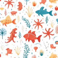 Acrylic prints Sea life Marine Life hand drawn flat vector seamless pattern