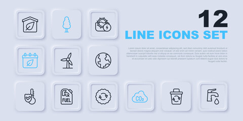 Set line Recycle bin, Water tap, Wind turbine, CO2 emissions cloud, Calendar with autumn leaves, Bio fuel canister, Tree and symbol icon. Vector