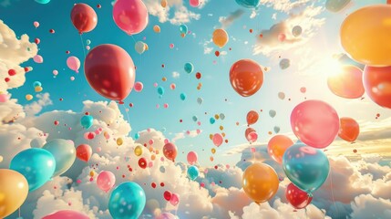 Pastel balloons rising above a spring celebration, airy and light