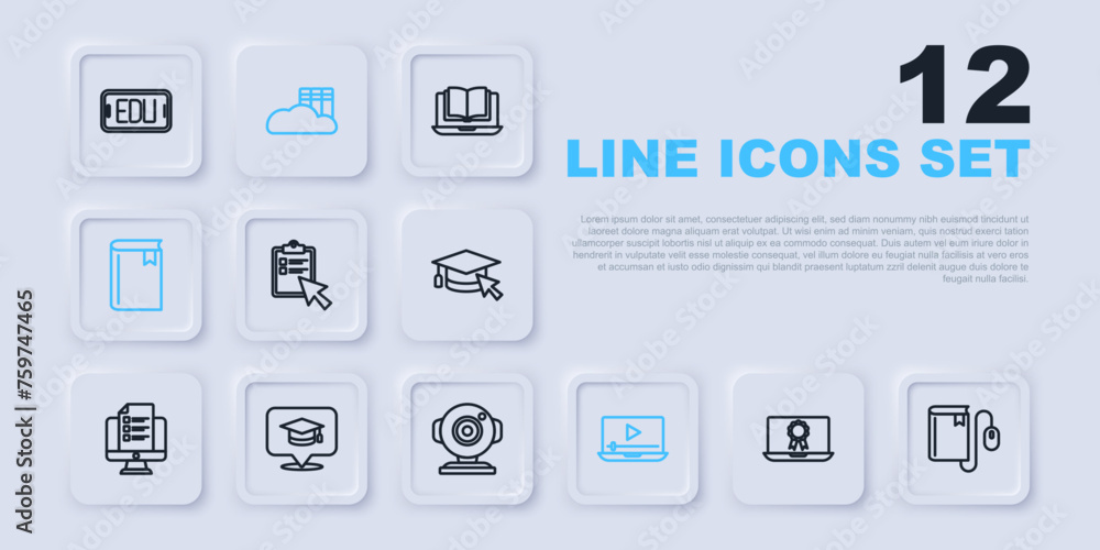 Poster Set line Online education with diploma, Electronic book mouse, quiz, test, survey, play video, Book, Graduation cap speech bubble, Cloud or online library and Web camera icon. Vector