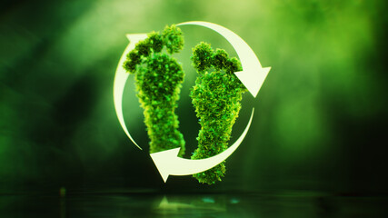 The concept of the impact of human activity on nature and climate in the form of a symbol of a human footprint covered with leaves on a lush green background. 3D illustration.
