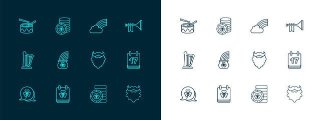 Set line Trumpet, Saint Patricks day with calendar, Mustache and beard, Golden leprechaun coin, Pot of gold rainbow, Rainbow cloud, Drum drum sticks and icon. Vector
