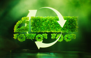 Sustainable and environmentally friendly transport and logistics concept in the form of a leaf-covered truck symbol on a lush green background. 3D rendering.