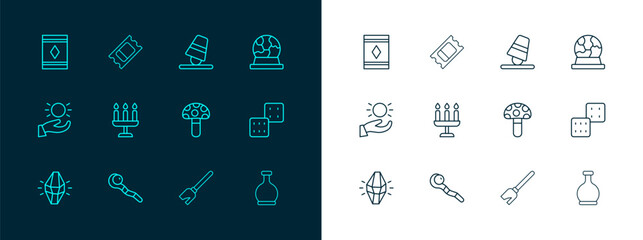 Set line Magic ball, staff, Psilocybin mushroom, Witches broom, Candlestick, Game thimbles, carpet and Circus ticket icon. Vector