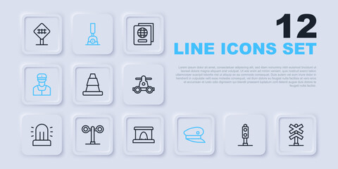 Set line Train traffic light, Railroad crossing, Traffic cone, driver hat, conductor, Arrow for switching the railway and Railway tunnel icon. Vector