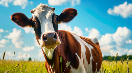 Funny surprised cow  in meadow - obrazy, fototapety, plakaty