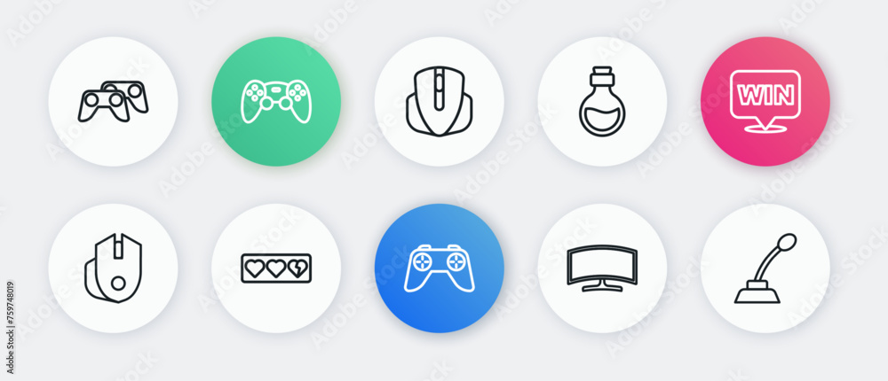 Poster set line game controller or joystick, medal, computer mouse, monitor, bottle with magic elixir, micr
