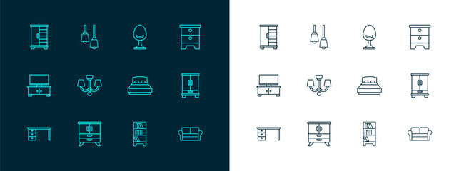 Set line Furniture nightstand, Chest of drawers, Big bed, Library bookshelf, Chandelier, Armchair, Wardrobe and Lamp hanging icon. Vector
