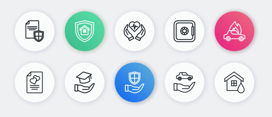 Set line Shield in hand, Burning car, Marriage contract, Car insurance, Safe, Life, House flood and Education grant icon. Vector