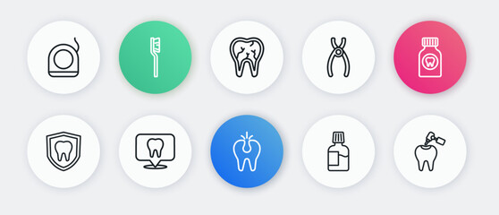 Set line Broken tooth, Toothache painkiller tablet, Dental protection, Mouthwash, pliers, with caries and drill and clinic location icon. Vector