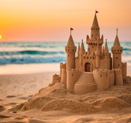 Sandcastle on the beach. Concept of summer vacation and travel.